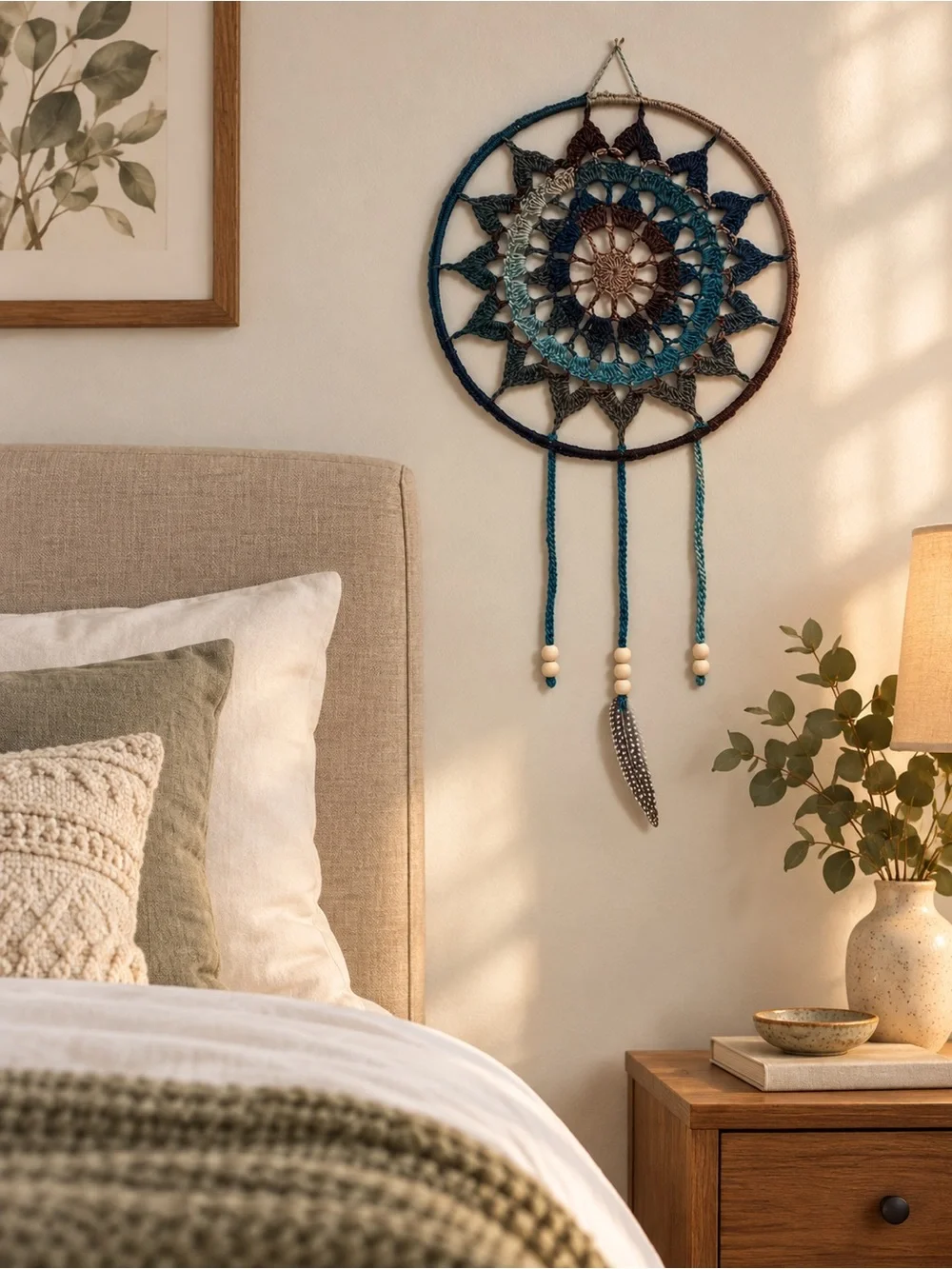 Handmade Crochet Dreamcatcher Teal Brown Boho Wall Hanging